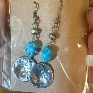 Turquoise Stone and Silver Disc Drop Earrings - Women Jewelry